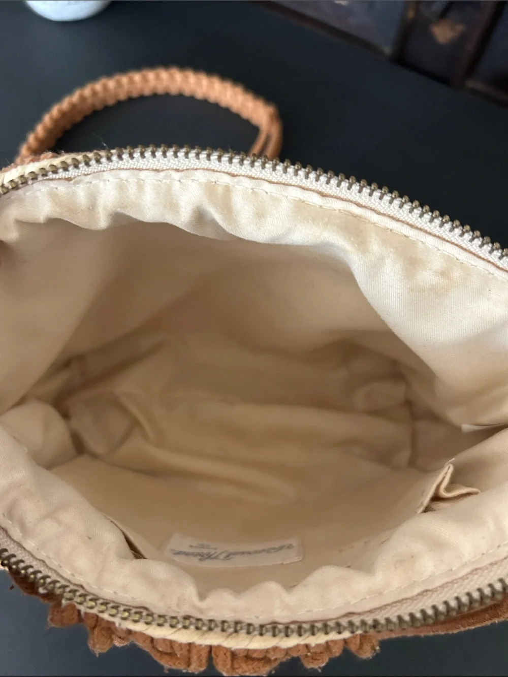 Universal Thread Beige Straw Crossbody with Tan Macramé Overlay